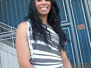 Sexy Shemale In Fishnet And Stilettos Shows Belly button Piercing &Strokes Jizz-shotgun