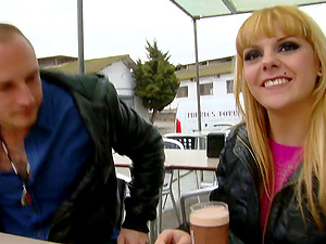 Enchanting tattooed blonde yelling while her hairless cootchie is feasted hard-core in public