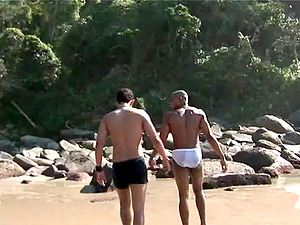 Interracial fit gay couple penetrate each others assholes outdoors