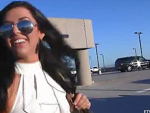 Beautiful Black-haired Madeline Showcasing Off Natural Tits in Public